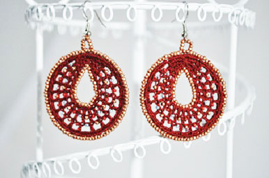 Crochet Beaded Red Hoop Earrings