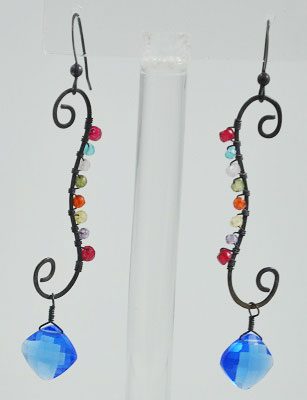 Oxidized Silver Drop with Blue Quartz and Gemstones