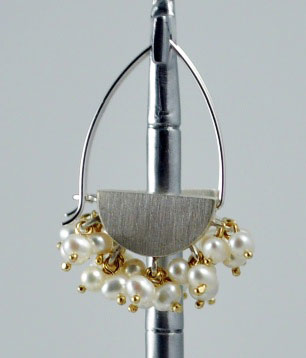 Silver Half Moon Hoops with white Pearl Bobbles