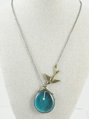 Turquoise Stained Glass Nugget Necklace with Swallow