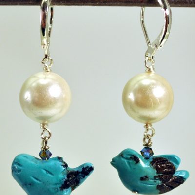 Pearl with Turquoise Bird Earrings