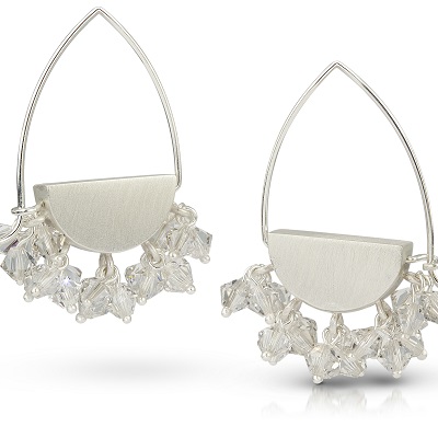 Silver Half Moon Hoops - Clear Dangle Crystals