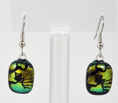 Owl in a Tree Earrings - Dichroic Glass