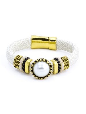 Faux Pearl with Textured Band Bracelet