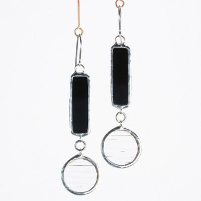 Silver 2-piece Rectangle-Disc Earring-Black&Clear Corrugated Glass