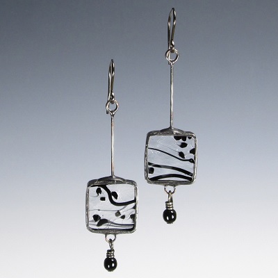Black Square Earring on extension with bead - Confetti Glass