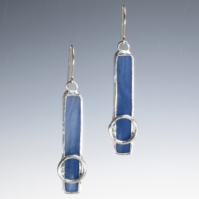 Silver Long Skinny Earring with Hoop - Midnight Blue Glass