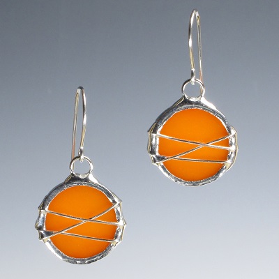 Silver Disc Orange Glass Earring with Wire Wrap