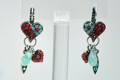 Coral and Turquoise Heart Earrings with Dangle