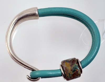 Leather Glass Bead Bracelet - Aqua #10