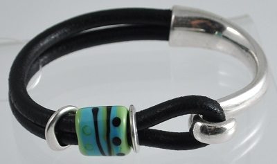 Black Leather Glass Bead Bracelet