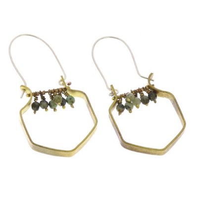 Hexagon Brass Dangling Gem Ear-African Turquoise