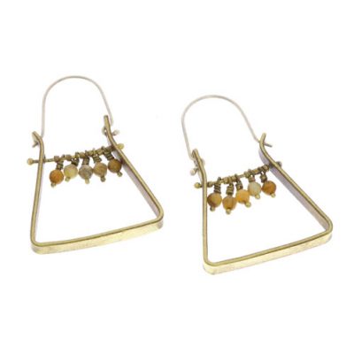 Triangle Brass Dangling Gem Earrings - Yellow Moss Agate