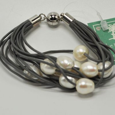 Grey Leather Bracelet with Freshwater Pearls