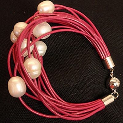 Pink Raspberry Leather Bracelet with White Freshwater Pearls