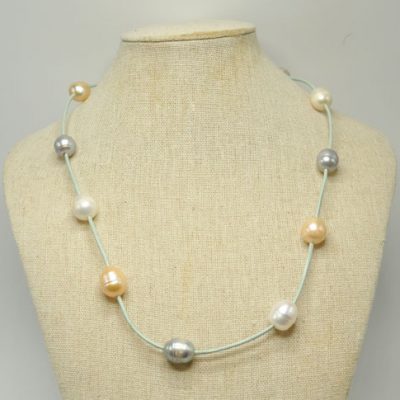 Turquoise Leather Necklace with Mixed Freshwater Pearls