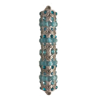 Silver with Aqua Cat's Eye Stones Mezuzah