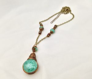 Crackle Bubble Pendant - Teal - Amber