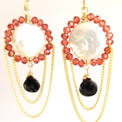 Coin Pearl Onyx Garnet Earrings