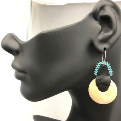 Medium Light Wood Beaded Earring - Turquoise