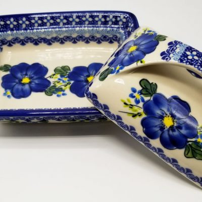 Polish Pottery Butter Dish - Blue Poppy