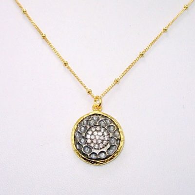 Gold pave disc pendant necklace