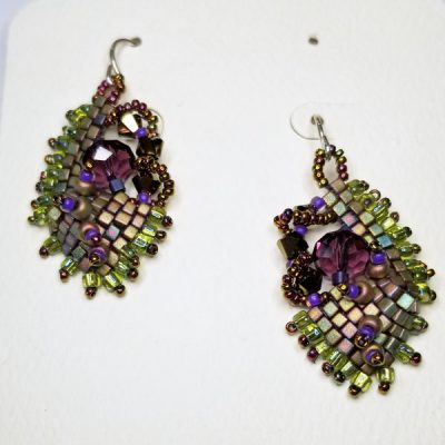 Purple Lime Green Freeform Beaded Earring