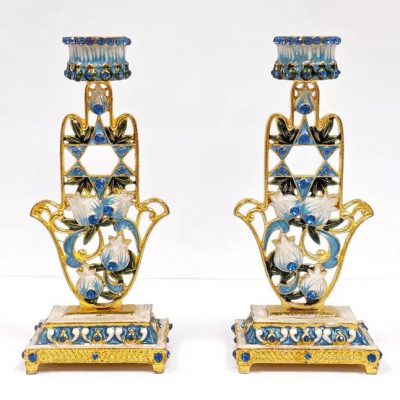 Shabbat Pair of Blue Floral Hamsa Candle Holders