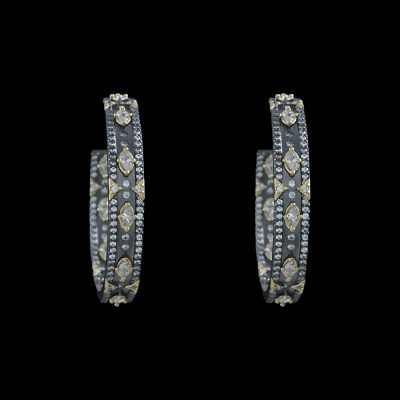 Gold-Black Hoop with Diamond shape stones and pave trim