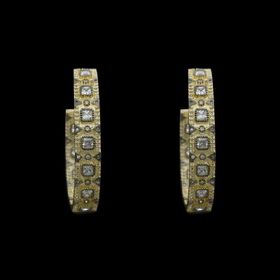 Gold-Black Hoop with Pave Squares and Round Stones