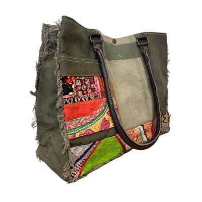 Recycled Tent Tote with Vintage Textiles (Snap Top)