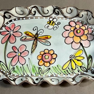 Oval Platter - Swirl Dragonfly Flowers